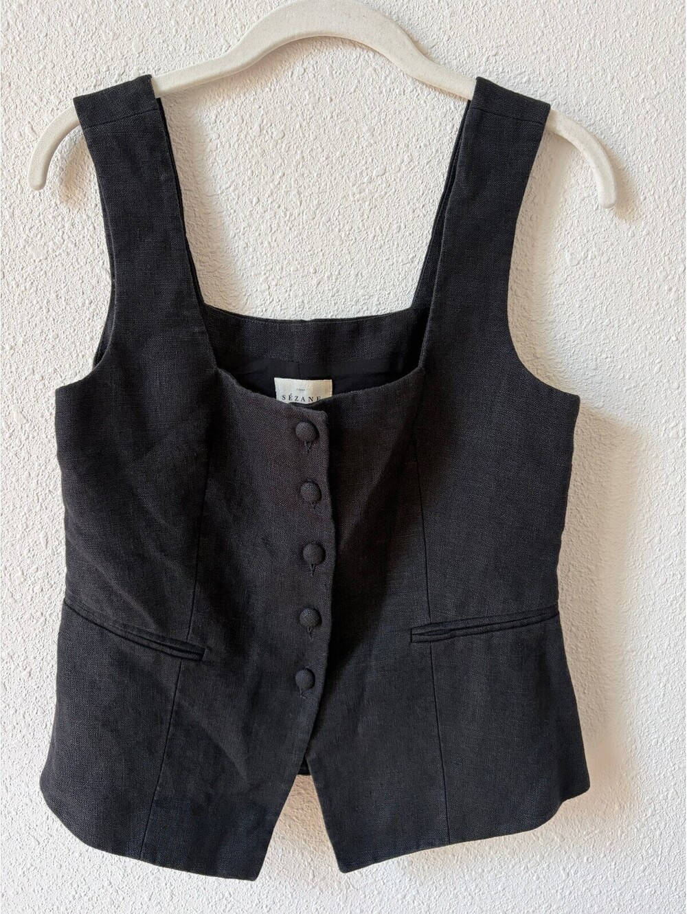 Sezane Zelinda Blouse Noir Linen Vest Size 38 US 6 Minimalist Neutral Coastal